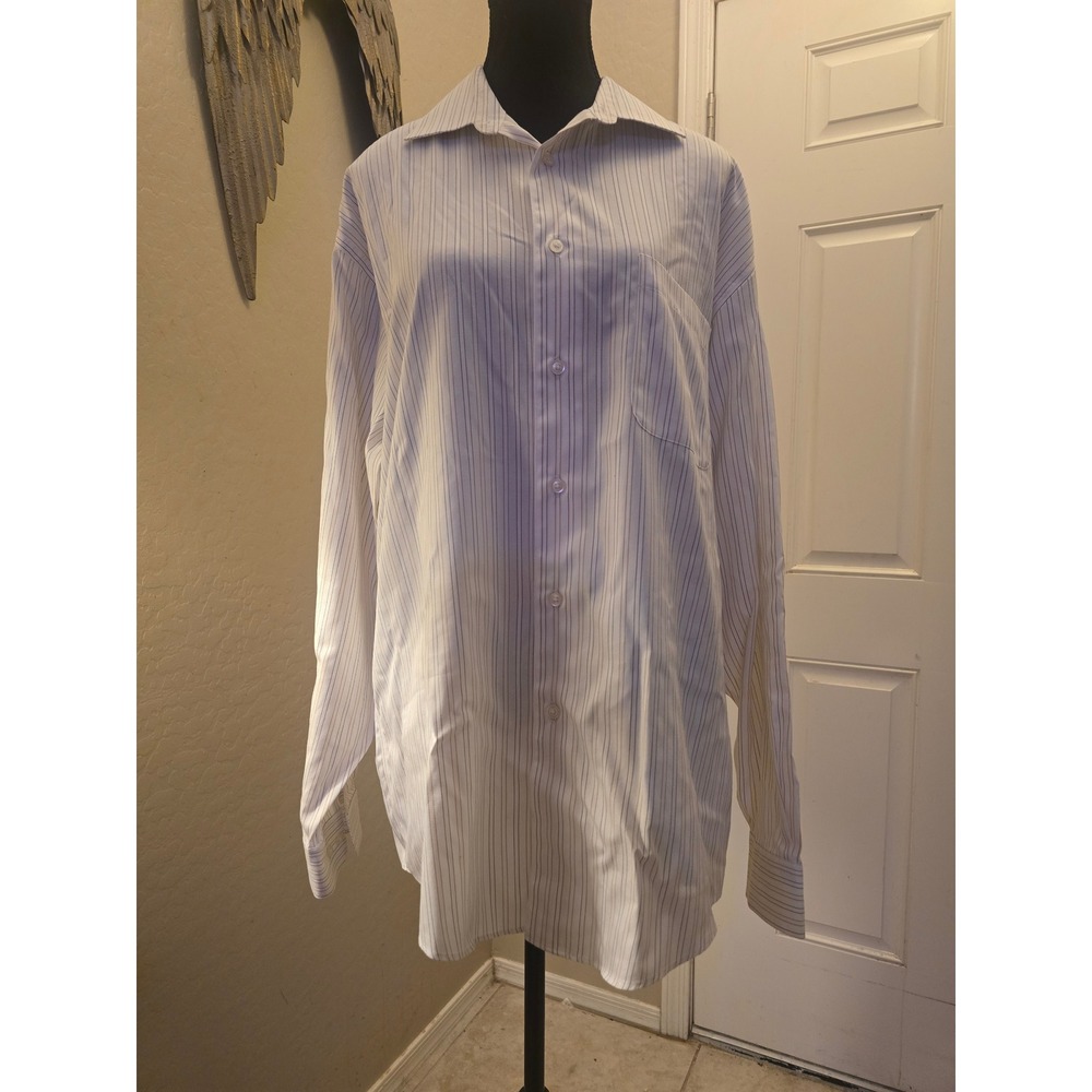 Pronto Uomo Mens Pinstripe Dress Shirt White Blue Tan Non-Iron 16 34/35